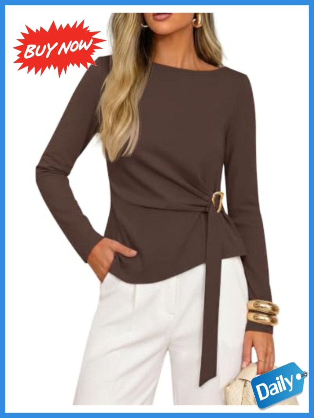 Womens Long Sleeve Business Casual Blouse Twist Waist Asymmetrical Work Top
